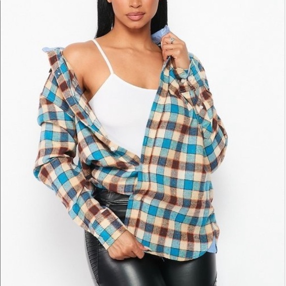 NEW FALL UNISEX TRENDY BLUE MULTI PLAID FLANNEL LONG SLEEVE BUTTON UP SHIRT - Picture 1 of 8